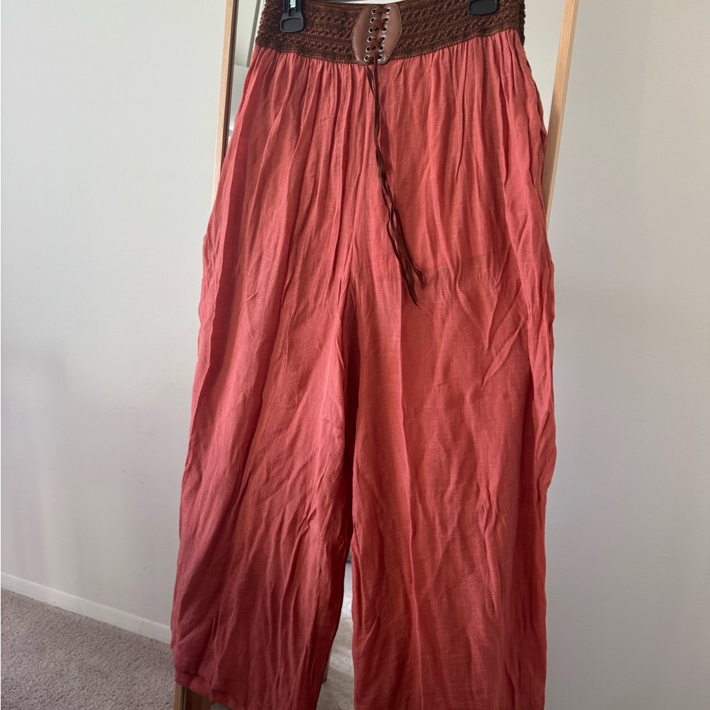 ANTHROPOLOGIE Poetry Wide Leg Bohemian Pants Lined Faux Belt Detail Size L